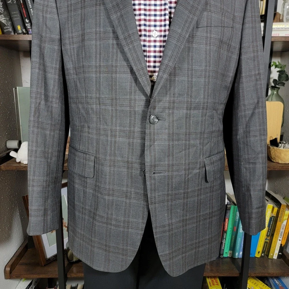 Stafford Men's Sport Coat Blazer Two Button Gray Brown Plaid Classic‎ Fit Sz 44R